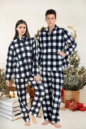 dressfan 2 Piece Unisex Plaid Pajamas Set,Quarter Zip Thermal Pajamas Pullover Christmas PJS Set for Family Couples2