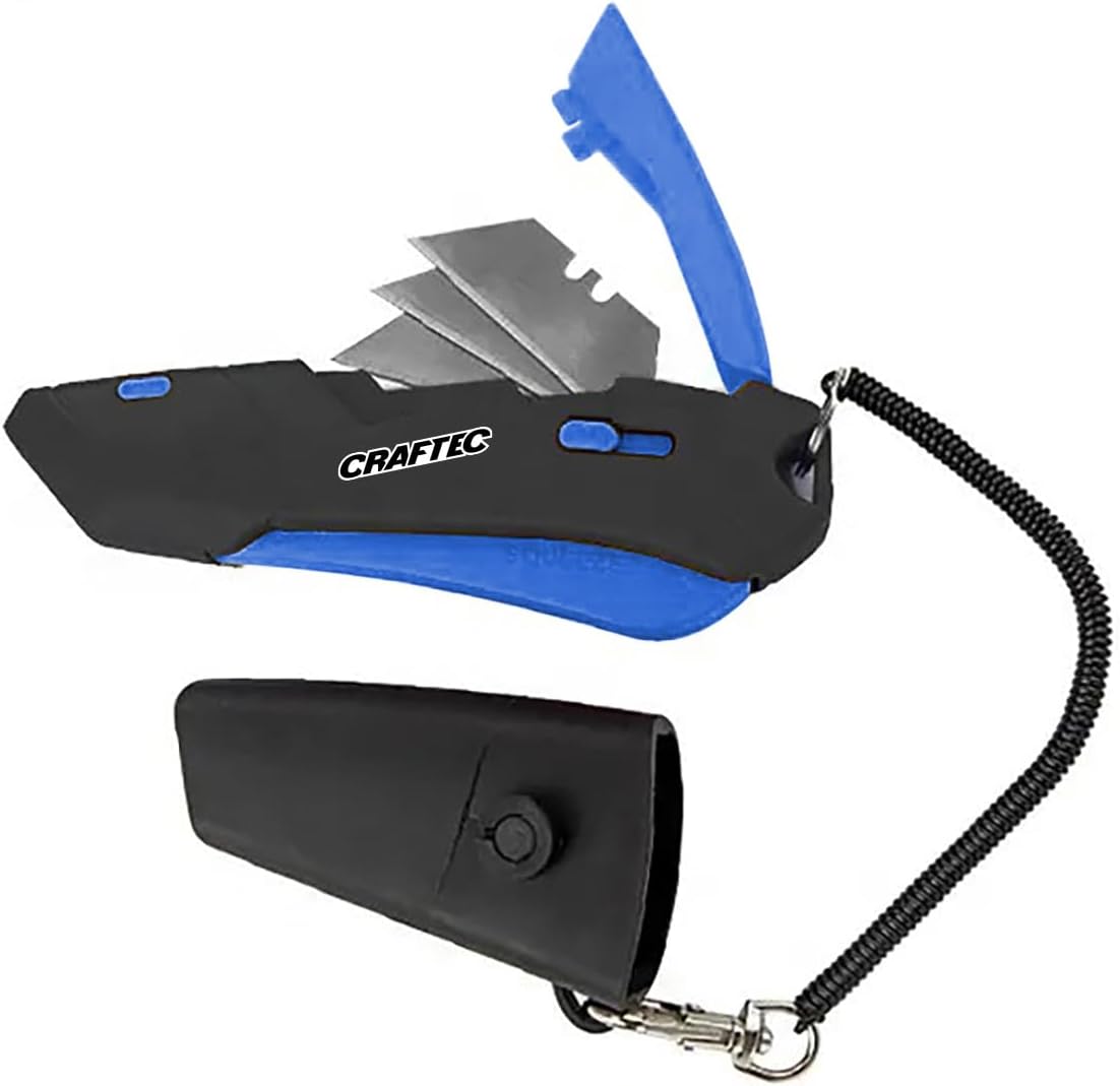 Craftec Retractable Utility Knife Box Cutter with Holster & Lanyard - The Ultimate Tool for Precise Cuts, 3 Blade Settings, Ergonomic Design, Left & Right Hand Friendly, Quick Blade Change CT5 (Blue)