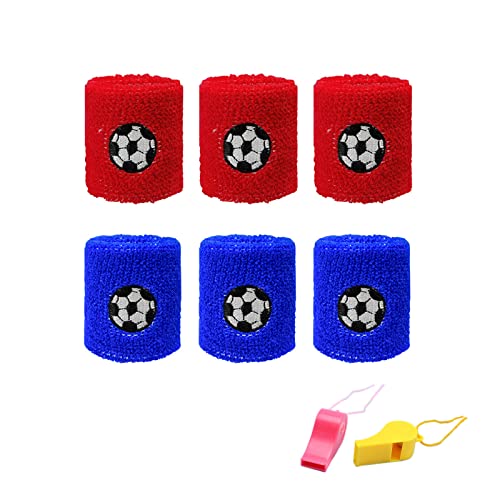 ORTAVA Schweißband Kinder, 6 Stück Schweißband Fußball Handgelenksband (Rot und Blau), mit 2 Stück Plastik Whistle (Farbe Zufällig) für Fußballgeburtstag Party, Jungen Outdoor Fussball Aktivität Cover