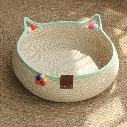 OPAALIC かわいい花柄のグリーンコットンロープ編み傷防止洗えるペットベッド(Pet bed with Green cushion,Large)