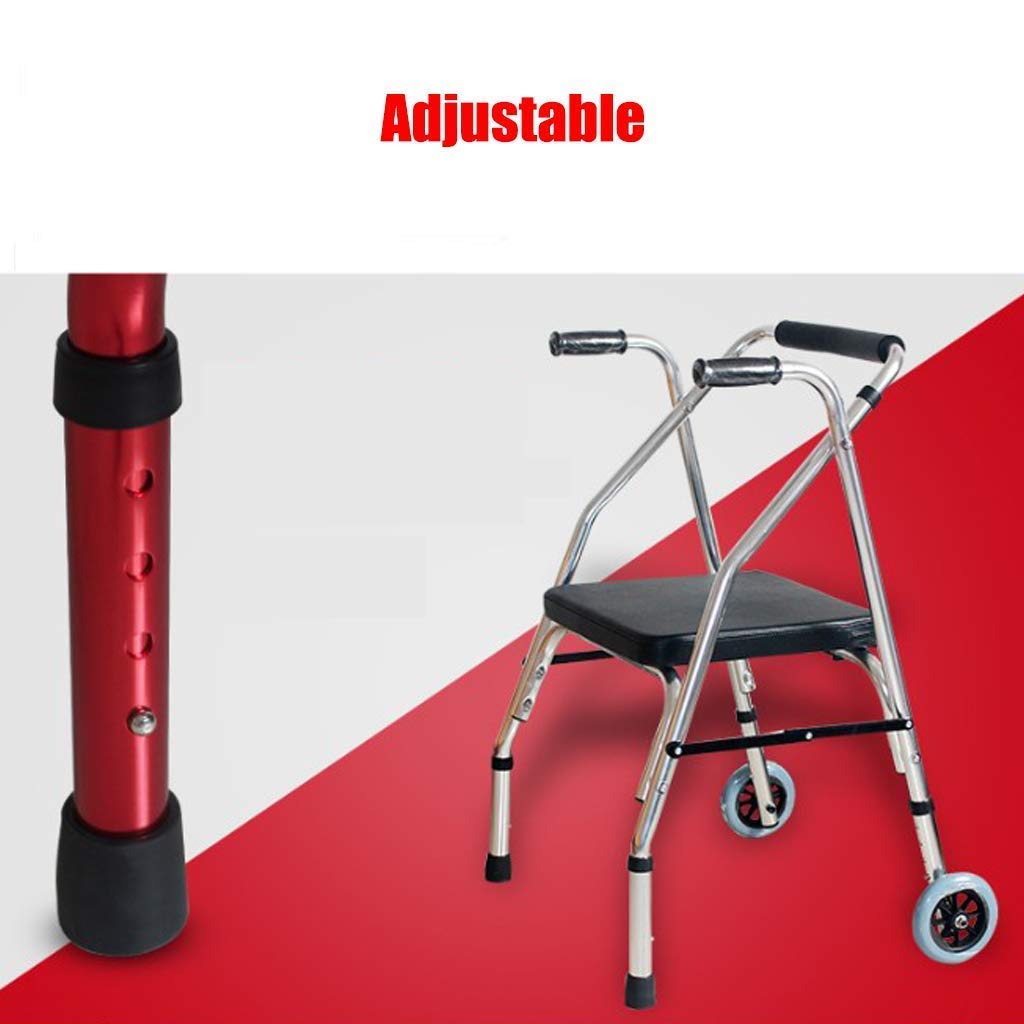 Andador, andador con ruedas de aluminio para personas mayores, andador con asiento y ruedas, marco para caminar con ayuda para la movilidad de viaje para adultos, ligero, plegable, ajustable, rojo