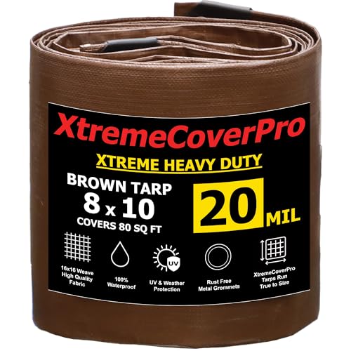 8' x 10' Brown Super Ultra Heavy-Duty Tarp – 20 Mil Waterproof & UV-Resistant 8x10 - Large Outdoor Tarp, Waterproof Cover for Rain Camping, Tent, UV Protection, Reinforced Corners