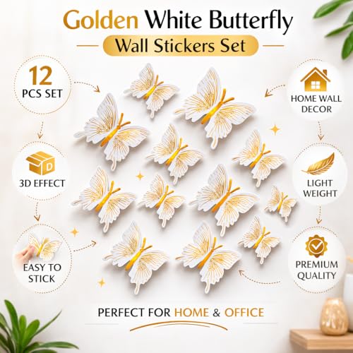 Image of CraftVatika 3D Butterfly Wall Stickers for Home Decor with Sticking Pads 12 Pieces | White Gold DIY Butterfly Wall Decoration for Living Room Bedroom Kids Room | Home Decoration Ornament for Door