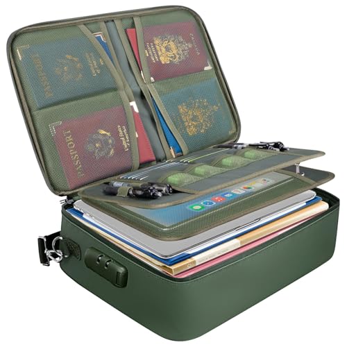 BALEINE Fireproof Document Box with Lock, Portable Fireproof Document Bag Waterproof Fire Proof File Boxes for Documents, File Organizer Box for Important Paperwork (Green, 15''x11''x4'') 15