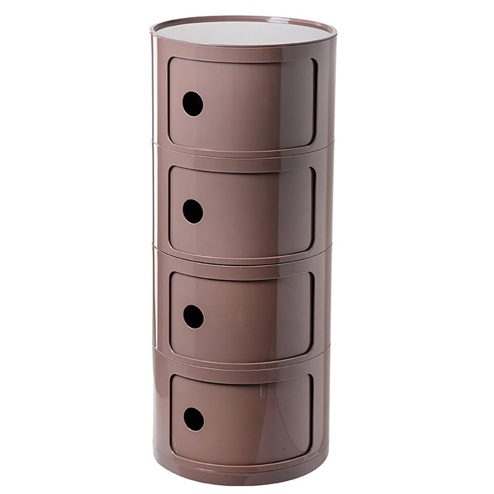 SXZenSpace Modern Round Nightstand with Storage, Drawer and Sliding Door, Stylish Plastic nizer Table for Bedroom, Living Room or Bathroom (Coffee, 4 Tier)