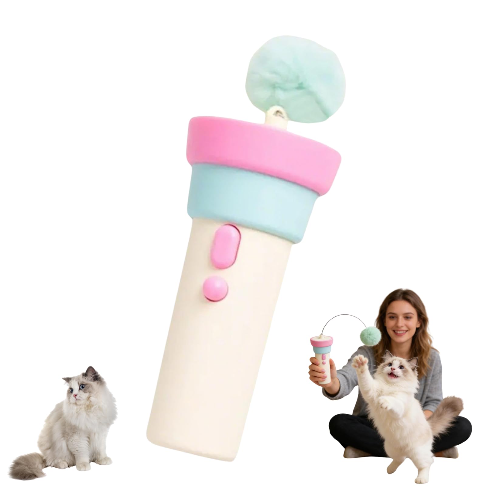 Electric Cat Wand Toy With Telescopic Rope, Interactive Cat Toys For Indoor Cats, Fuzzy Ball Launcher Funny Cats Enrichment Toys (Beige)
