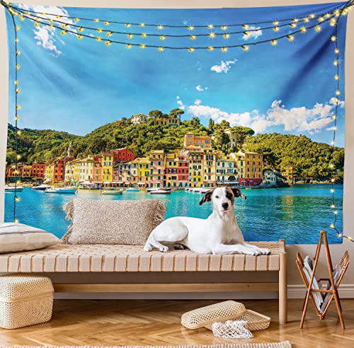 Ambesonne Village Tapestry, Mediterranean European Town By The Sea Portofino Italian Harbor Panorama View, Wide Wall Hanging For Bedroom Living Room Dorm, 80" X 60", Green Blue #TOP7