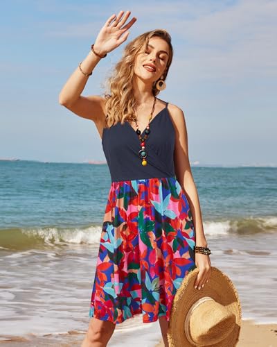 Image of STYLEWORD Womens Sundress Summer Floral Wrap V Neck Backless A-Line Casual Beach Midi Dress