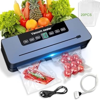 Foto di 7 in 1 Macchina Sottovuoto Alimenti, Automatica secchi che umidi alimenti Macchina per sottovuoto con Coltello da taglio, Vacuum Sealer con Modalità Vuoto Esterno et 20 Sachetti Sottovuoto