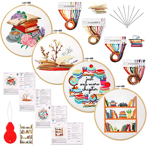 Unittype 4 Set Embroidery Kit for Beginners Adults Book Lovers Funny Cross Stitch Embroidery Kit with Bamboo Hoops Needles Threads Instructions Needle Threader(Classic)