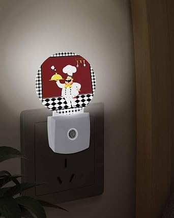 Plug into Night Light Funny Chef Food Cutlery LED Auto Sensor Dusk to Dawn Nightlight Black White Plaid Dark Maroon Smart Dimmable Lights for Home Hallway Bedroom Bathroom