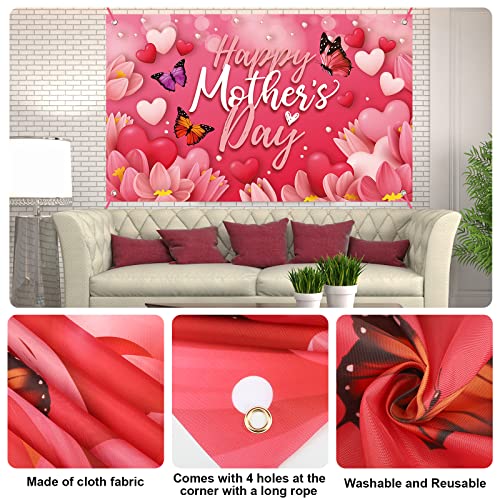 Image of Large Happy Mother's Day Banner Decorations Mothers Day Flag Outdoor 71x44 Inch,Mom Gifts for Indoor Home House Decor Party Supplies,Yard Sign Background for Photography, Red Pink Heart Flowers