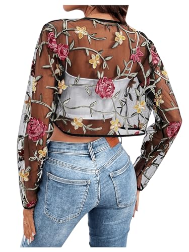 OYOANGLE Women's Floral Embroidered Open Front Crop Jackets Long Sleeve Mesh Summer Cardigan Tops2
