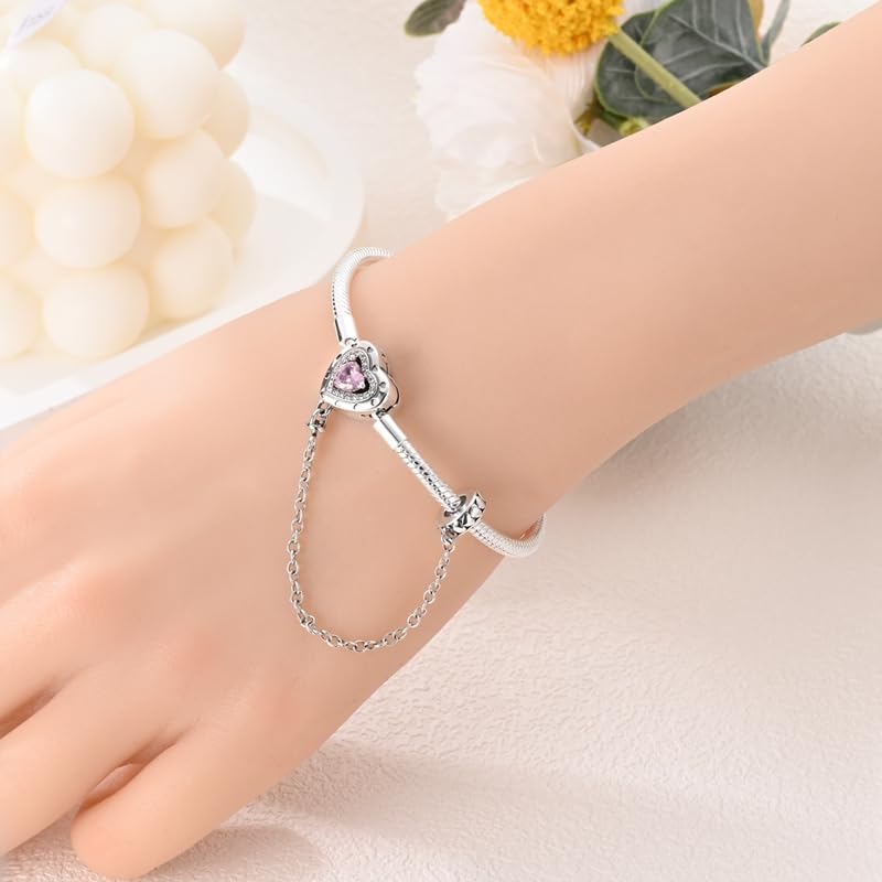 Image of 925 Sterling Silver Snake Chain Bracelets Fit Pandora Charms,Heart Clasp Bracelets Perfect For Any Glamour Gift for Women with 5 A Cubic Zirconia
