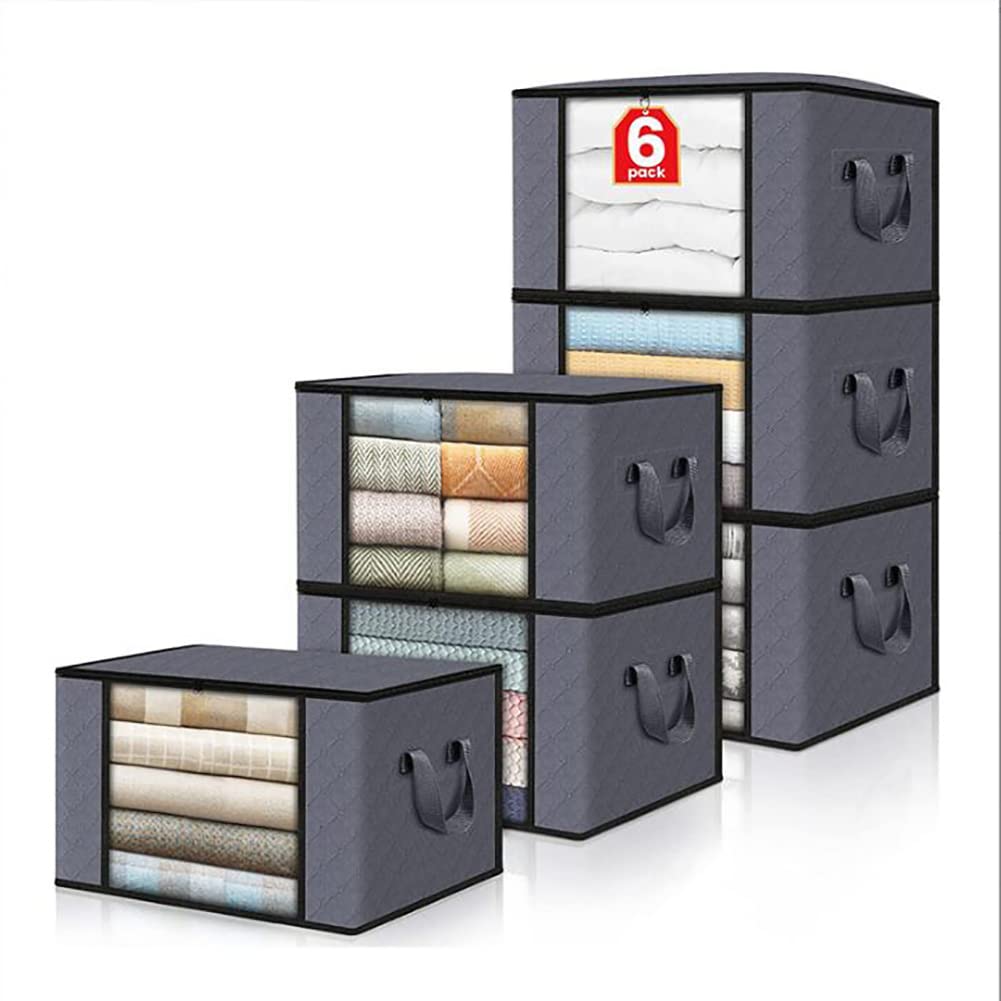 Confezione 6 Borse Porta Abiti Pieghevoli Grigie con Coperchi - Grandi Dimensioni (60 * 35 * 43) - Ideali per Organizzazione Sotto il Letto e nell'Armadio