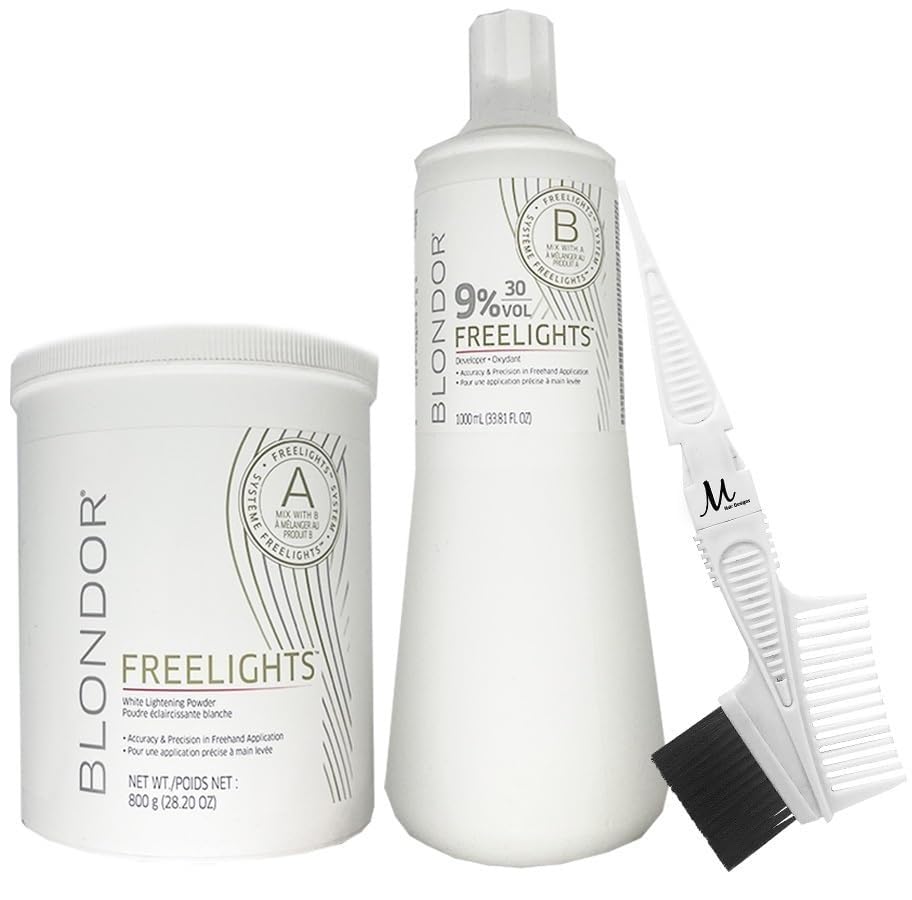 Blondor Freelights White Lightening Powder 28.2 Oz, Blondor Freelights Developer 9% 30 Volume and M Hair Designs Tint Brush Comb (Bundle)