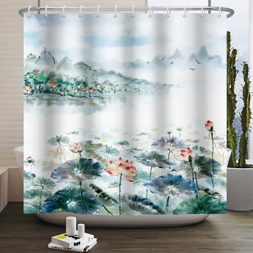 Kzzfqxb 152x183cm Duschvorhänge mit Kunststoffhaken, Traditionell Chinesische Malerei mit Hügel Vögel Lotus Muster Wasserdicht Verdeckt für Badewanne, Polyesterstoff Badezimmer Künst Dekoration