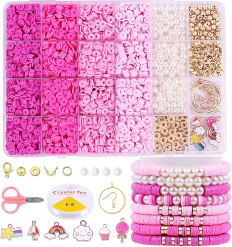 Image of Hudux 3500PCS Pink Clay Beads for Bracelet Making Kit, Heishi Bead for Jewelry Making, Friendship Bracelet Kit, Spacer Beads for Adult Necklace Earring DIY