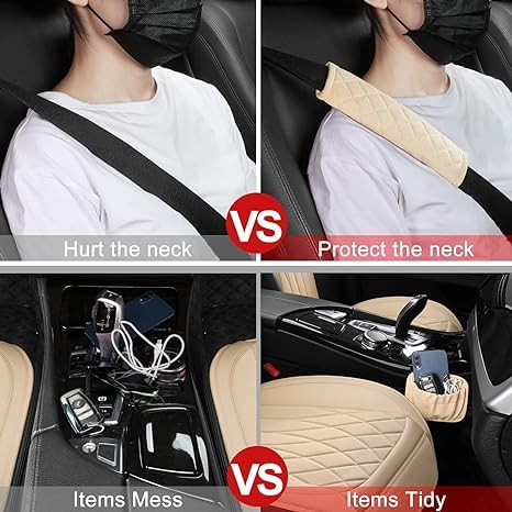 Image of Front Car Seat Covers - Leather Seat Covers with Storage Pocket and Two Belt Pads, Anti-Slip Waterproof Universal Seat Covers for Cars Fit Cars Trucks SUV(Beige,2 Pack)