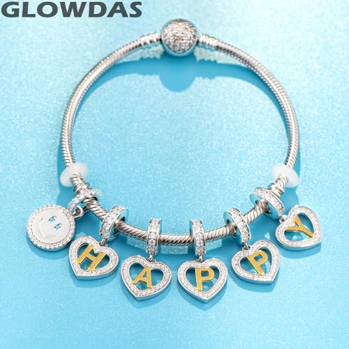 Image of GLOWDAS 18K Gold Plated Letter Charms Initial A to Z Necklace Pendant, 925 Sterling Silver CZ Heart Dangle Alphabet Beads fit European DIY Bracelet, Gifts for Valentiens /Christmas /Family