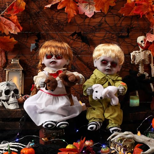 PullCrease 2 muñecas animatrónicas de Halloween de 10 pulgadas activadas por sonido, sonido espeluznante y movimientos de cabeza y mano, ojos rojos iluminados, accesorios de vacaciones de casa
