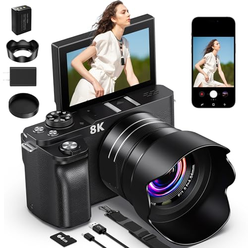 8K Digital Camera, 88MP Cameras for Photography, Vlogging Camera for YouTube with 3' 180° Flip Screen, 18X Zoom UHD Autofocus Video Camara with Lens Hood, 64GB Card