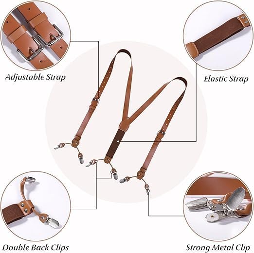 Genuine Leather Suspenders for Men,Y Back Design Leather Suspender with 6 Metal Clips,Adjustable Men's Suspender with Elastic Straps, Groomsmen Gift Wedding Brown - Image 2