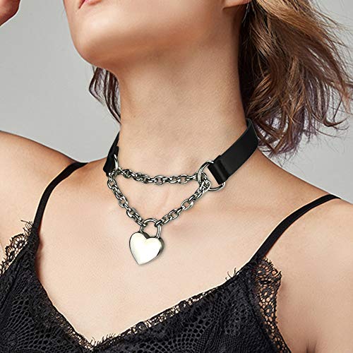 Goth Choker Necklaces for Women, Black Choker and Heart Padlock Day Collar with Key, Black PU Leather Choker Collar for Women3
