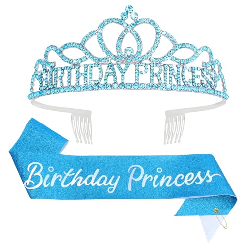 CAVETEE Birthday Princess Crowns for Women Birthday Princess Sash and Tiara for Girl Women Birthday Party Decorations for Girl Gifts Set Birthday Sash and Crown for Women (Blue)