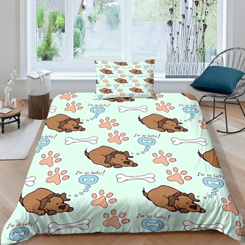 Housse de couette chien et os 135x200 cm avec taies d'oreiller pour lit simple