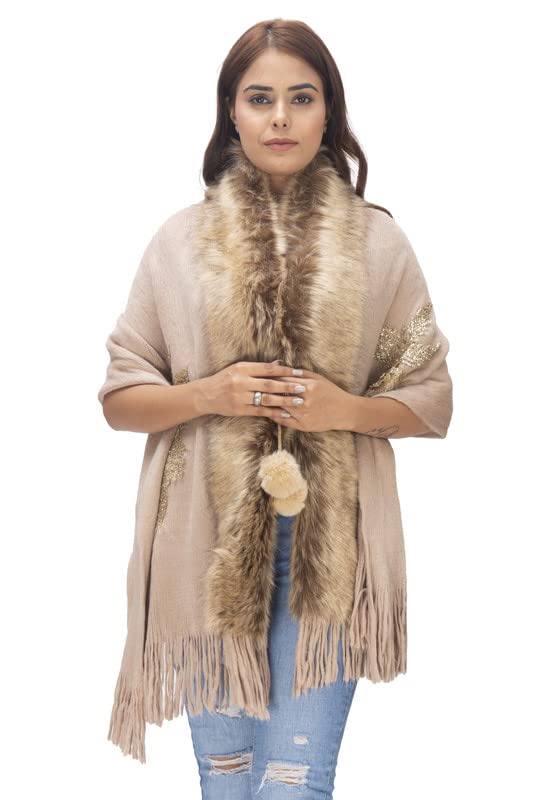 Women Girls Faux Fur Collar Winter Warm Wrap Stole for Casual Wear Shawl (White)-image-32