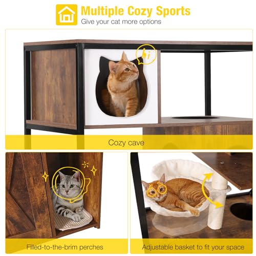 Aivituvin Cat Litter Box Enclosure, Litter Box Furniture Hidden, Wooden Cat Washroom Furniture, Indoor Cats House with Condo, Hammock, Scratching Mat and Storage Shelves