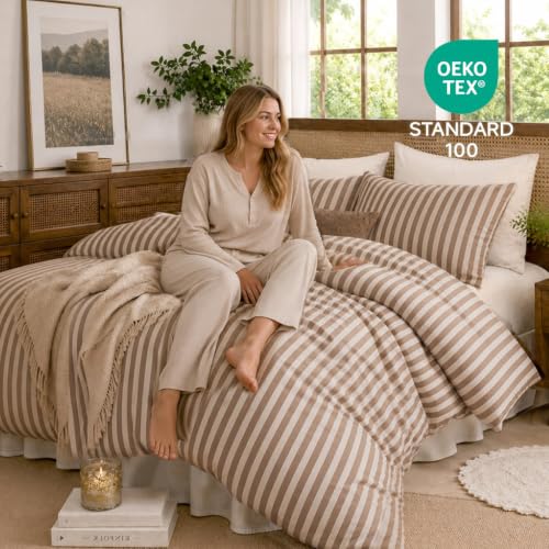 Lanqinglv Bettwäsche 135x200 Braun Gestreift,ÖKO-TEX Zertifiziert – Ansicht 3