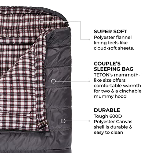 Teton Sports Fahrenheit Mammoth +20F/-7C Queen-Size Double Sleeping Bag; Warm And Comfortable; Double Sleeping Bag Great For Family Camping; Compression Sack Included, Grey (1064), +20F/ 94" X 62"/ Grey #TOP3