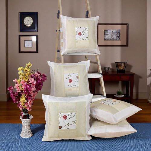 Image of Living Room Sofa Decor Flower Embroidered Silk Cushion Covers Scatter Cushion 16 X 16 Inches Set of 5 Pillowcase sham (White)