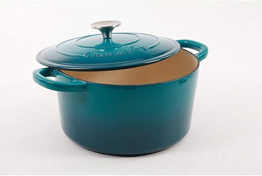 Crock-Pot Artisan 5-Quart Round Enameled Cast Iron Dutch Oven Teal Ombre, Durable Heavy-Duty Cookware for Slow Cooking, Roasting, Baking with Lid