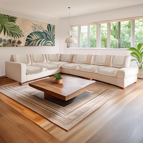 Image of Premium Chenille Woven Anti-Slip 6 Seater L-Shape Sofa Cover | L-Shape Sofa Seat Protector for Living Room | Durable & Stylish Slipcover - Beige 3D