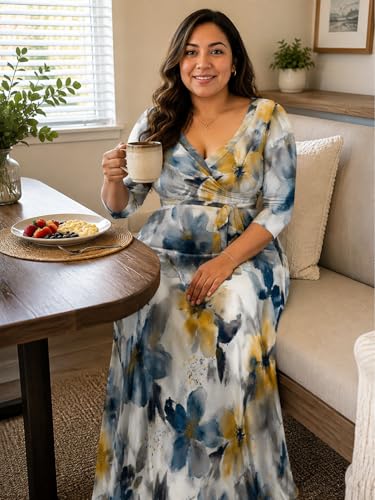 Image of Plus Size Maxi Dress for Women V Neck 3 /4 Sleeve Wrap Dresses