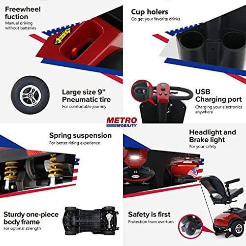 Metro Mobility 4 Wheel Powered Mobility Scooters For Seniors - 300 Lbs Capacity Electric Scooter With Seat For Adults, Travel - Long Range Power Extended Battery & Usb Charging Port - Red #TOP3