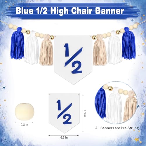 Image of 1 /2 Birthday Blue Half Birthday Decorations - Blue Star It's My 1 /2 Birth Banner, Glitter Cake Topper Tassel Wood Bead High Chair Banner & Crown, Hat Halfway to One Boy Girl Party Supplies