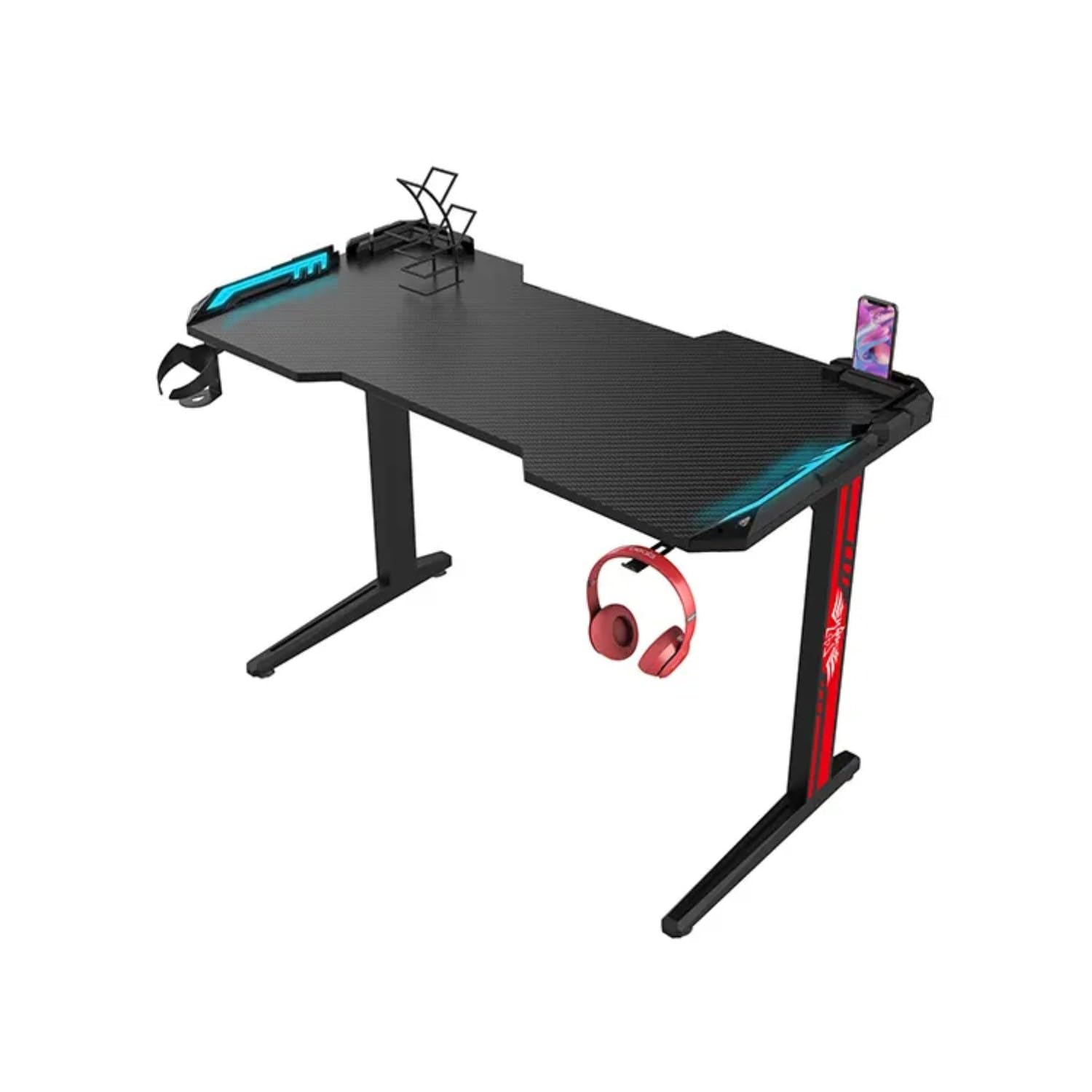 Gaming Desk with RGB LED Lighting, Height Adjustable Electric Standing Desk, Phone Holder, Cup Holder, Headphone Hook, LED Control Panel, Black