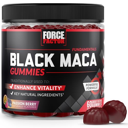 Force Factor Black Maca Gummies for Men & Women, Boost Energy, Strength, Drive & Vitality, BioPerine & Selenium for Superior Absorption, Peruvian Black Maca Root Extract, Passion Berry, 60 Gummies