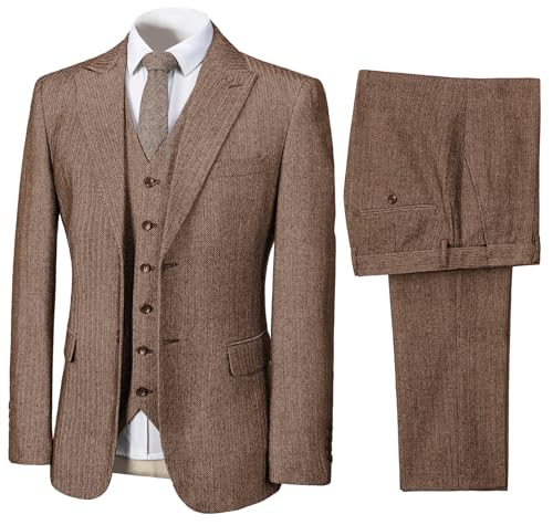 Mens Vintage Suit 3 Pieces Formal Tweed Herringbone Wool Prom Tuxedos Wedding Groomsmen