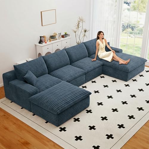 Image of 136 inch Cloud Couch Modular Sectional Sofa for Living Room, U-Shape Boneless Couch with Deep Seat, Modern Corduroy 4-Seater with Ottoman, No Assembly Required (Blue,Right-Facing Chaise)