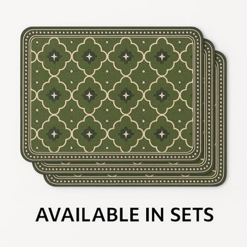Image of Durable Leather Placemats Olive Green Mororccan Patterned Table Mats | Waterproof, Washable, Heat Resistant, Non-Slip Elegant Dining Accessories (Set of 4)