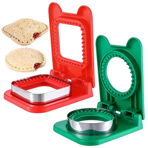 Molain 2 PCS Uncrustable Sandwich Maker, Sandwich Cutters for Kids Lunch, Circle and Square Shaped Crustless Sandwich Cutter and Sealer Lunchbox Accessories for Kids Breakfast (Red & Green)