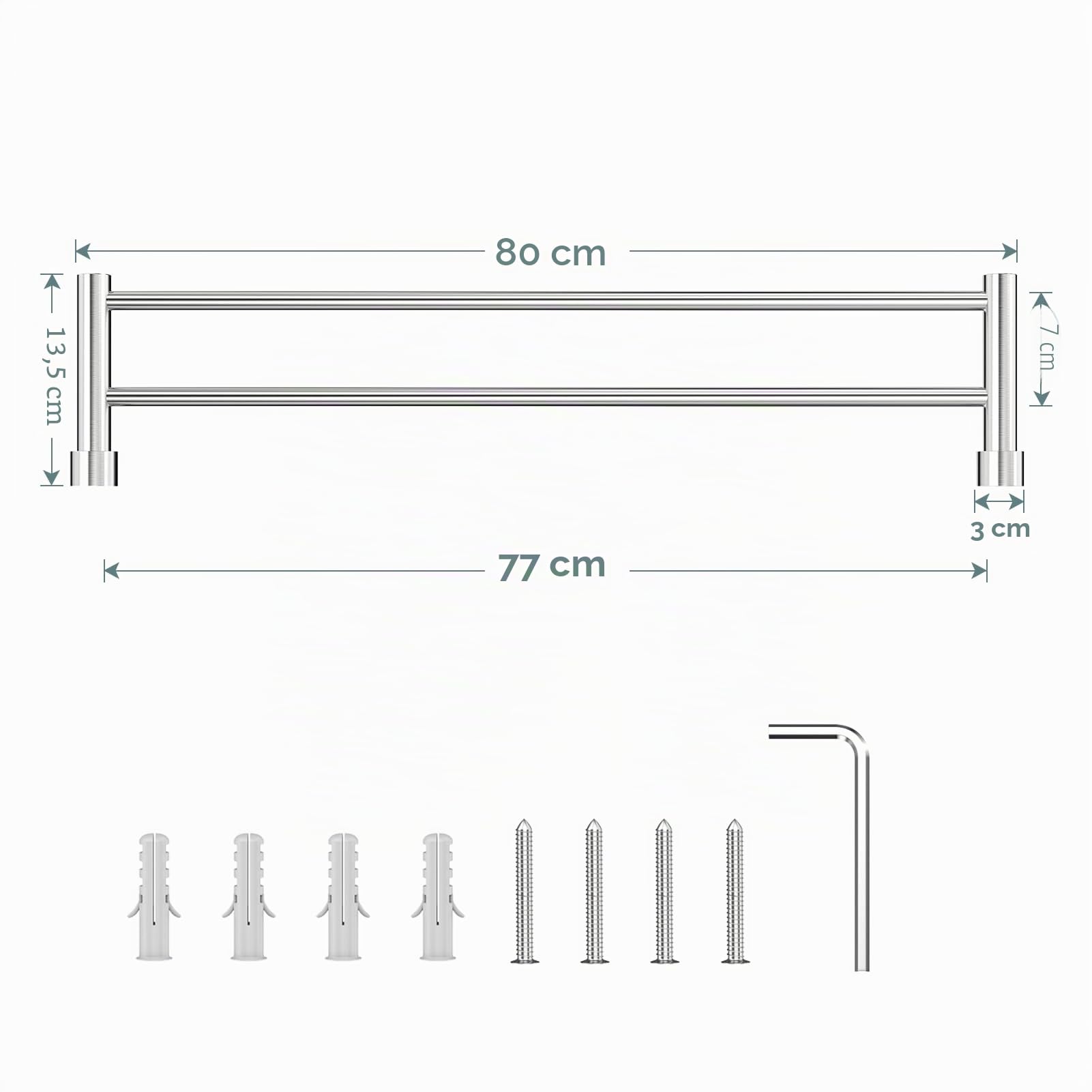 Toalleros de Baño con Taladro, Toallero de Baño Doble de Acero Inoxidable 304 Cepillado, Barra de Dos Brazos, Instalación de Taladro, Toallero para Pared de Ducha, Baño, Cocina - 80 cm, Plata