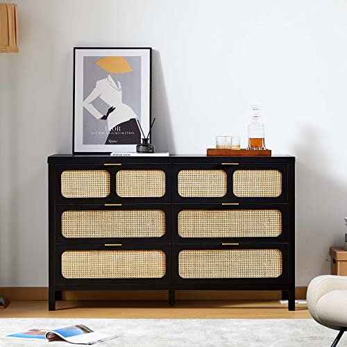 Qeiuzon 6 Drawer Dresser, Modern Rattan Dresser Chest With Wide Drawers And Metal Handles, Farmhouse Wood Storage Chest Of Drawers For Bedroom, Living Room, Hallway, Entryway (Black) #TOP2