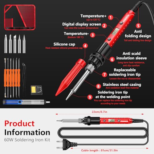 Image of Serplex 60W Soldering Iron Kit with LCD Digital Display, 180-520C Adjustable Temperature Welding Tools Set with 5 Replaceable Tips, Tweezers, Cleaning Sponge, On /Off Switch, for Electronic Repair
