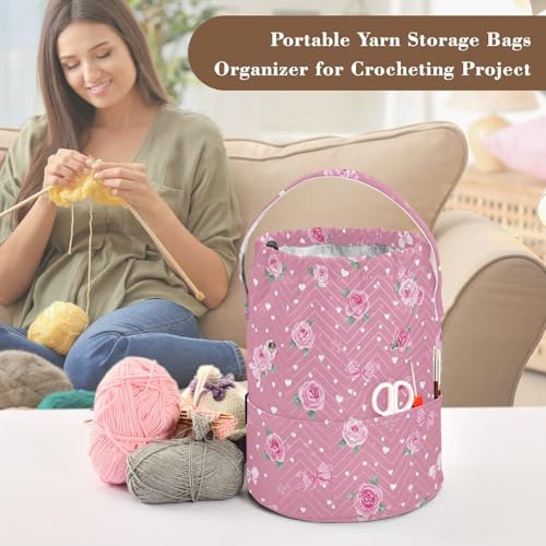 Image of ElliTarr Crochet Bag Yarn Bag with Handle Portable Knitting Project Bag Travel Yarn Storage Organizer Holder Case Pink Valentine Heart Roses Bows